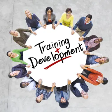 A bird's eye view of a group of people sitting around a circular white table and smiling upwards. The words 'Training + Development' are written in the center of the table.