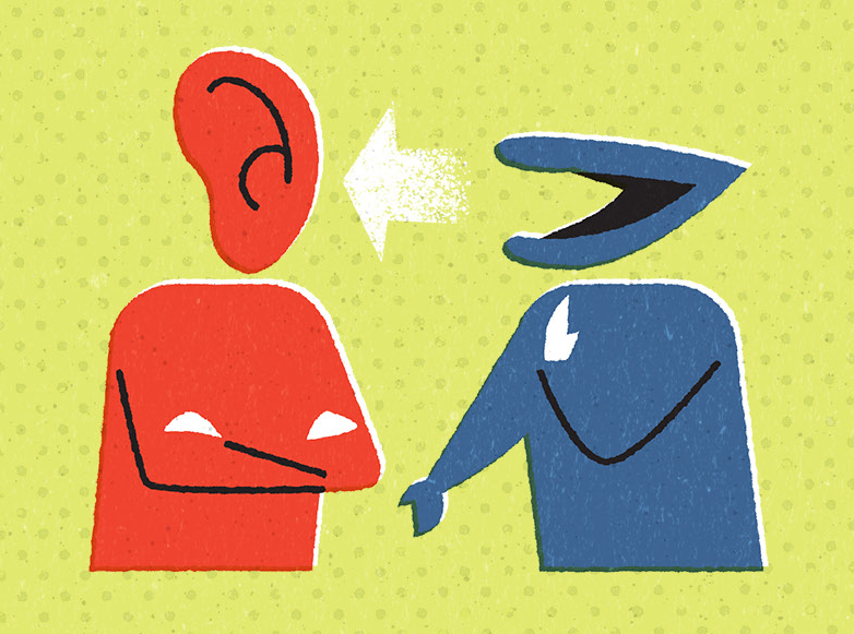 graphic of an ear listening and a mouth speaking to represent communication