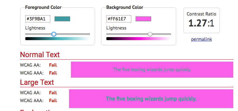 Contrast ratio teal type on magenta background: very low.