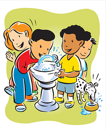 primary school children gathered around a water fountain
