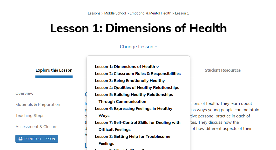 Image showing the dropdown used to change Lesson when on a lesson detail page