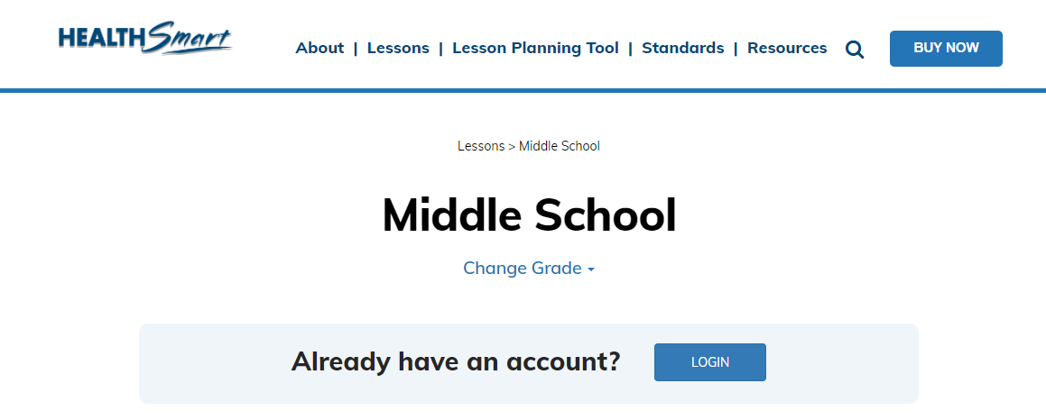 Image Middle School page that shows the login button at the top of the content