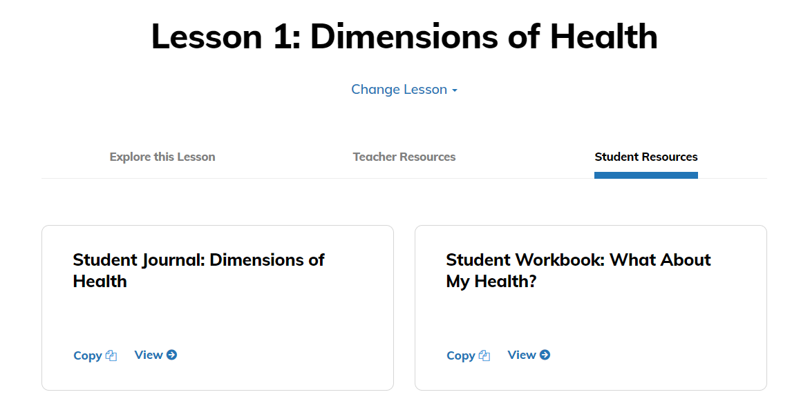 Image shows a Student Resources tab on the lesson detail page