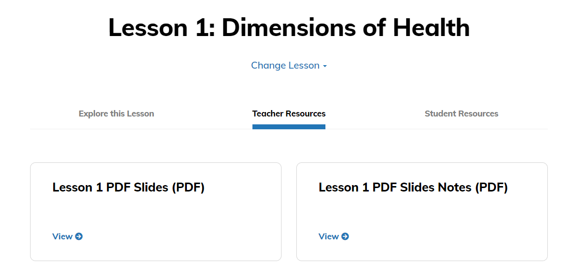 Image shows a Teacher Resources tab on the lesson detail page