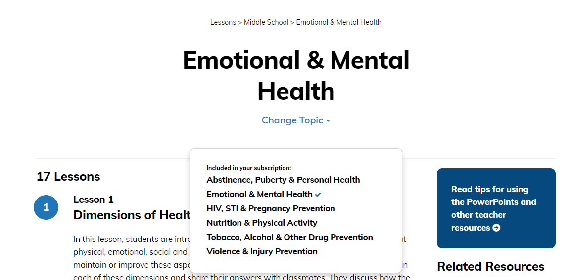 Image shows the dropdown used to change topics when on the lesson list page