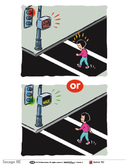 making a safe decision to cross with the light