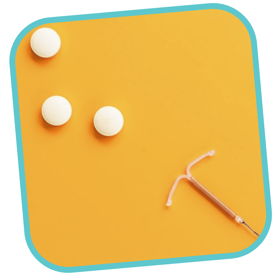 This is a photo in a light teal frame. In the photo is examples of emergency contraceptive methods, like the birth control pill, and an Intrauterine device (IUD). 