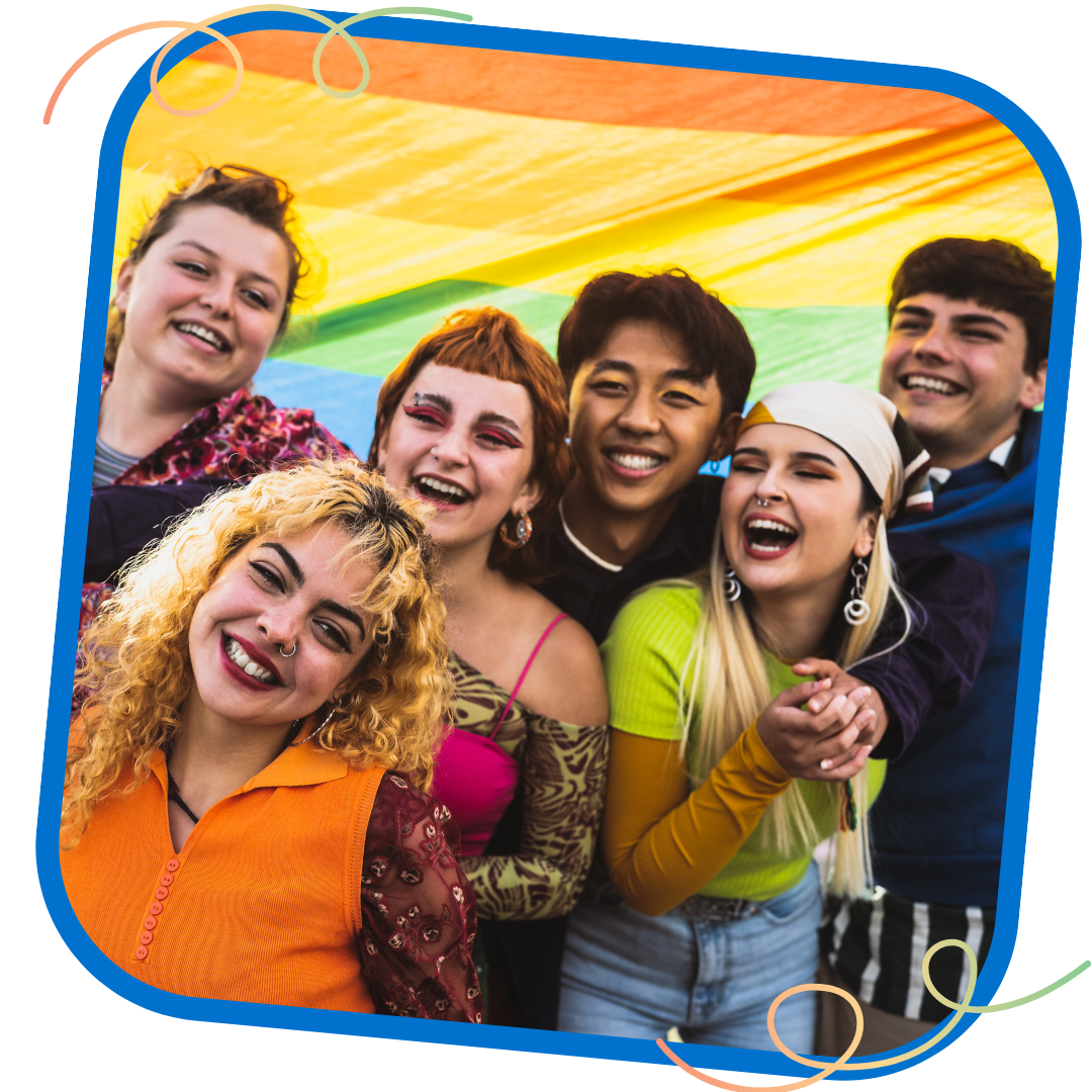 This a photo of six young people outside with a LGBTQ+ pride flag behind them, all of them smiling in the group in a ETR blue frame. Around the blue rounded frame on opposite corners are gradient color squiggles that fade from pink to yellow to green. 