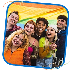 This a photo of six young people outside with a LGBTQ+ pride flag behind them, all of them smiling in the group in a ETR blue frame. Around the blue rounded frame on opposite corners are gradient color squiggles that fade from pink to yellow to green. 