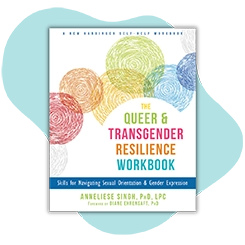 This is a light teal blob graphic with a photo of a book over it that reads “Queer and Transgender Resilience Workbook” that’s offered at ETR. 