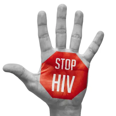 A hand in black and white, held up and open, with a stop sign in red on the palm that reads, 'Stop HIV.'