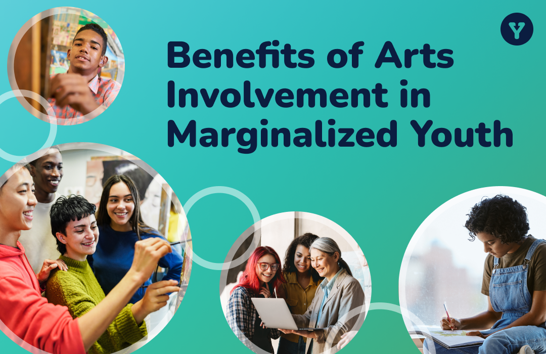 Text that reads "Benefits of arts involvement in marginalized youth" with round bubbles containing photos of teens doing art projects