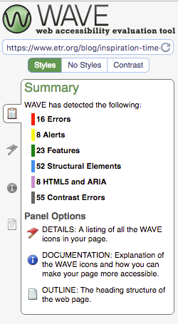 Results of WAVE accessibility scan on a web page.