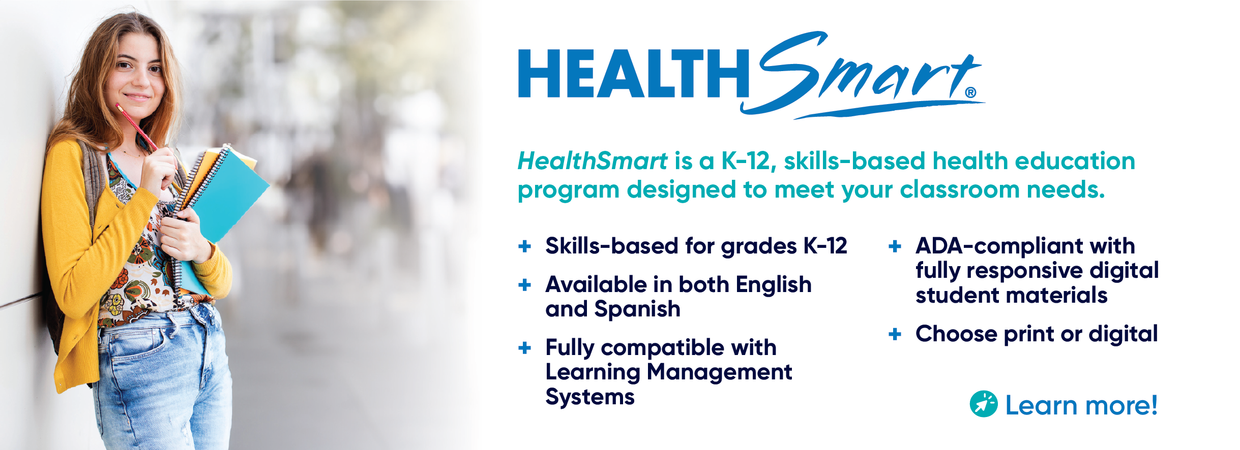 Lifestyle photo of a young person in school next to copy detailing HealthSmart curriculum