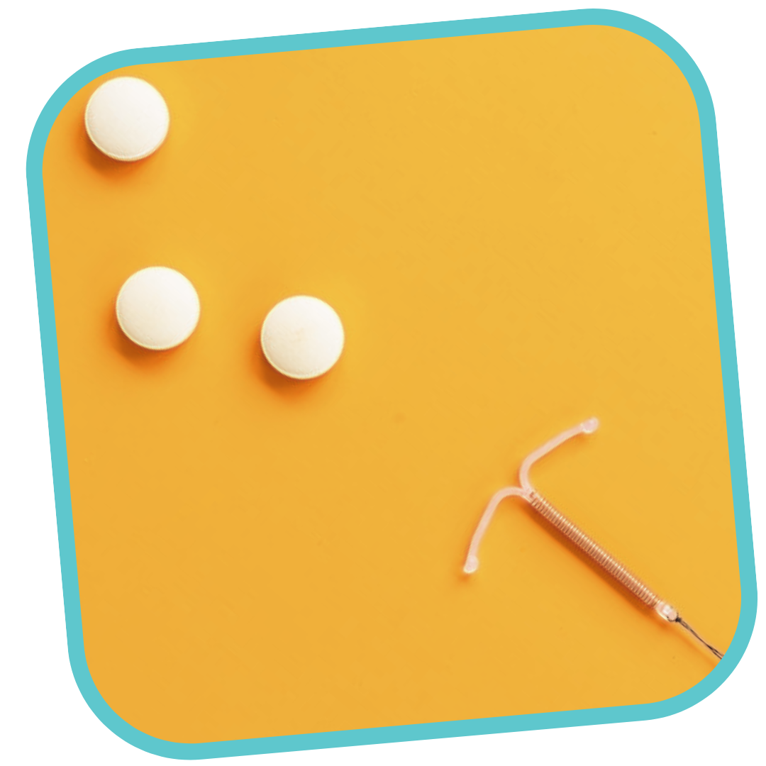 This is a photo in a light teal frame. In the photo is examples of emergency contraceptive methods, like the birth control pill, and an Intrauterine device (IUD).