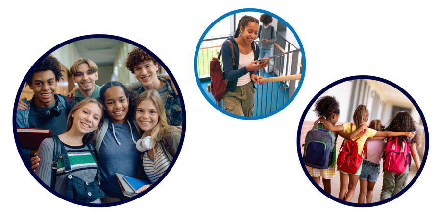 Diverse groups of smiling schoolchildren.